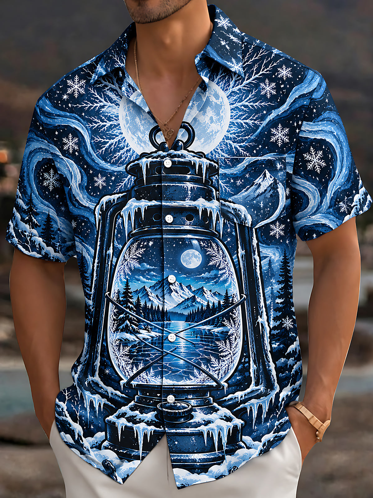 Oceanlyte Men's Short Sleeve Shirt - Vintage Kerosene Lantern With Winter Landscape Print with Chest Pocket