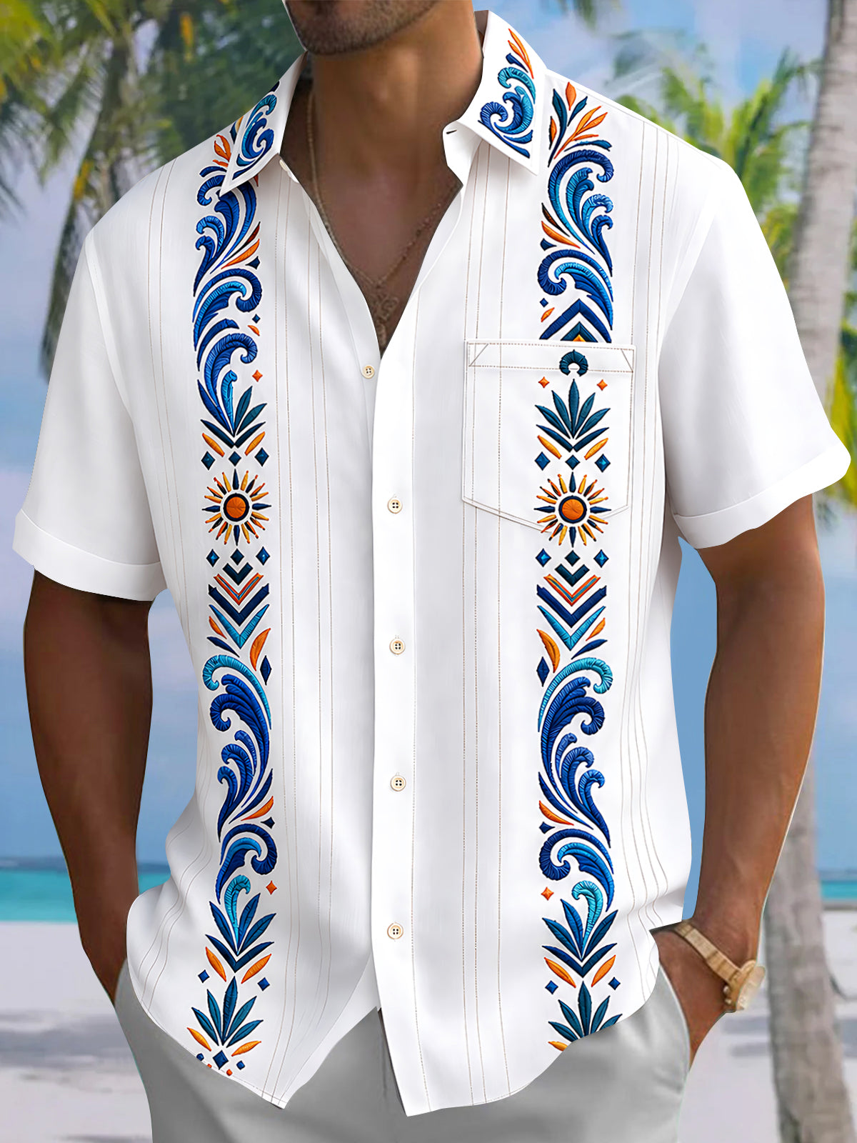 Oceanlyte Men's Geometric Floral And Sunburst Pattern Short Sleeve Shirt with Chest Pocket