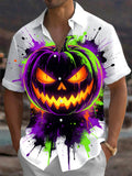 Oceanlyte Men's Short Sleeve Shirt - Halloween Jack-o-lantern Pumpkin With Paint Splatter Print with Chest Pocket