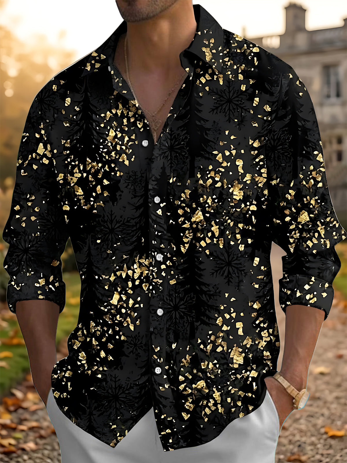 Oceanlyte Men's Printed Gold Snowflake And Gold Flake Pattern Long Sleeve Shirt with Chest Pocket