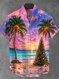 Oceanlyte Men's Short Sleeve Stand Collar Shirt - Christmas Tree And Ornaments On Beach Print with Chest Pocket