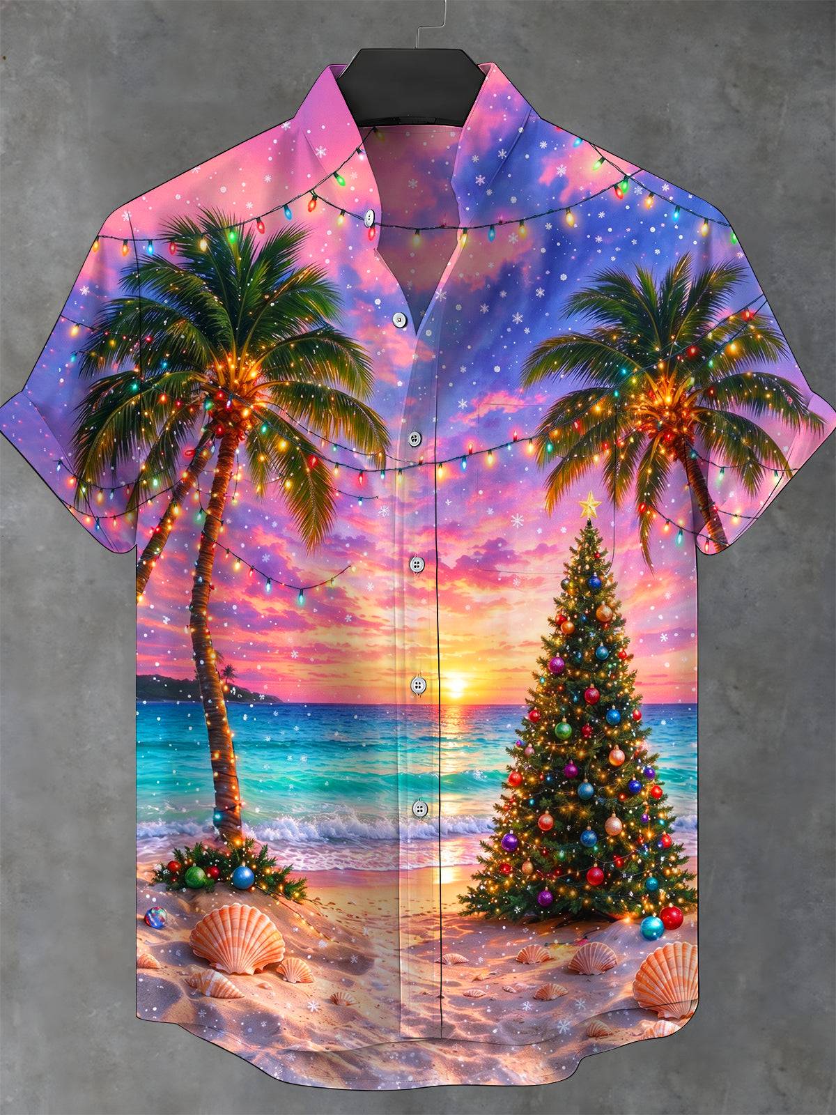 Oceanlyte Men's Short Sleeve Stand Collar Shirt - Christmas Tree And Ornaments On Beach Print with Chest Pocket