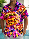 Oceanlyte Men's Graphic Neon Hamburger And Pizza Slices Print Short Sleeve Shirt with Chest Pocket