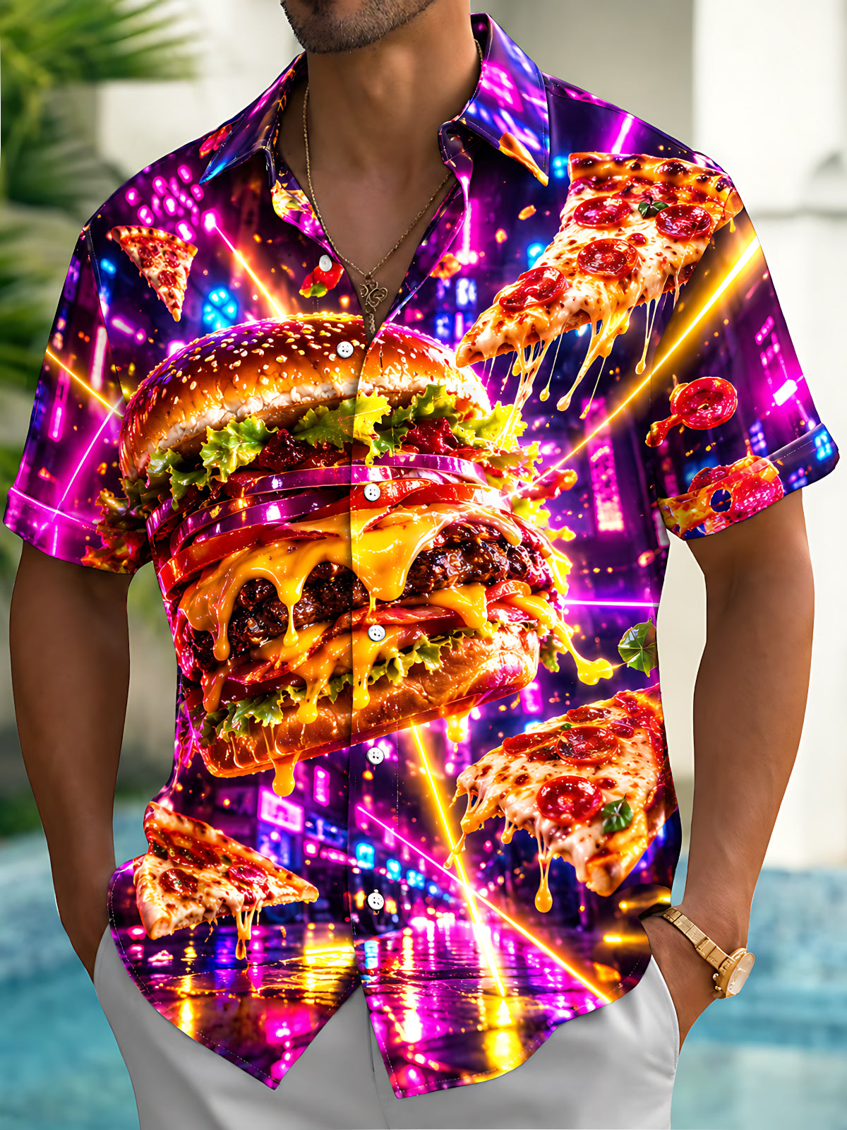 Oceanlyte Men's Graphic Neon Hamburger And Pizza Slices Print Short Sleeve Shirt with Chest Pocket