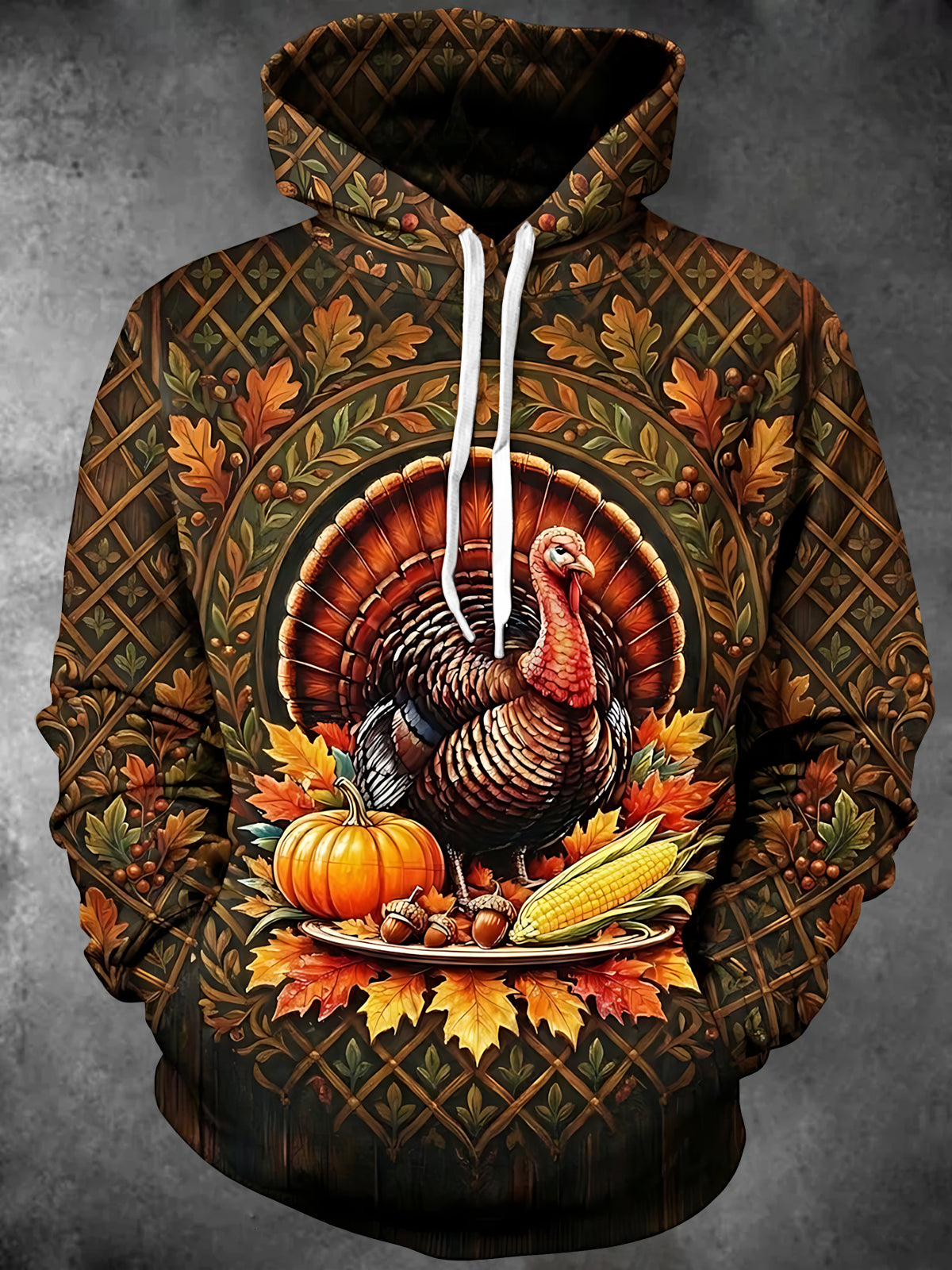 Oceanlyte Men's Printed Thanksgiving Turkey And Harvest Print Long Sleeve Hoodie