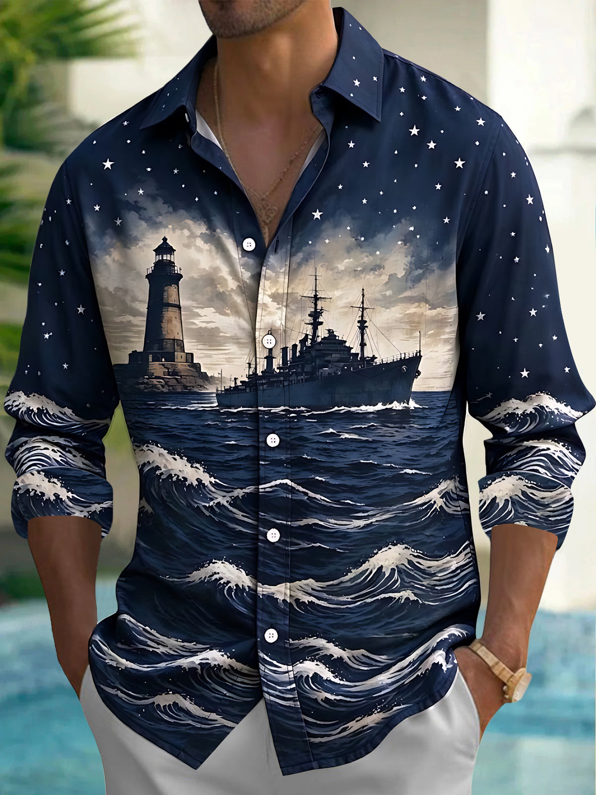 Oceanlyte Men's Long Sleeve Shirt - The "Atlantic Sentinel" Lighthouse And Battleship On Ocean Waves Print with Chest Pocket