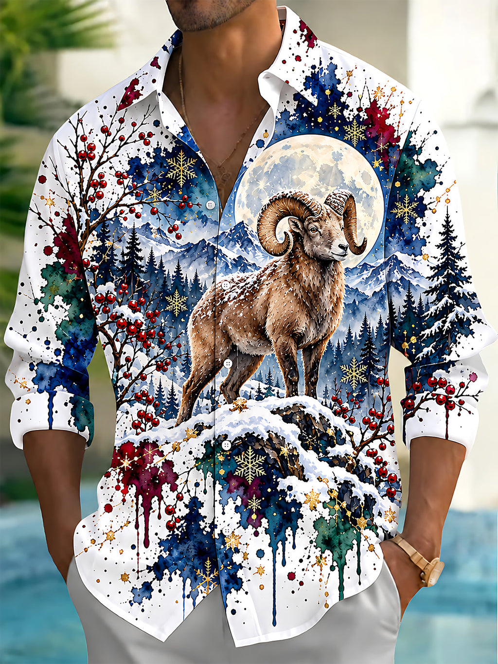 Oceanlyte Men's Antelope In Snowy Mountain Landscape Print Long Sleeve Shirt with Chest Pocket