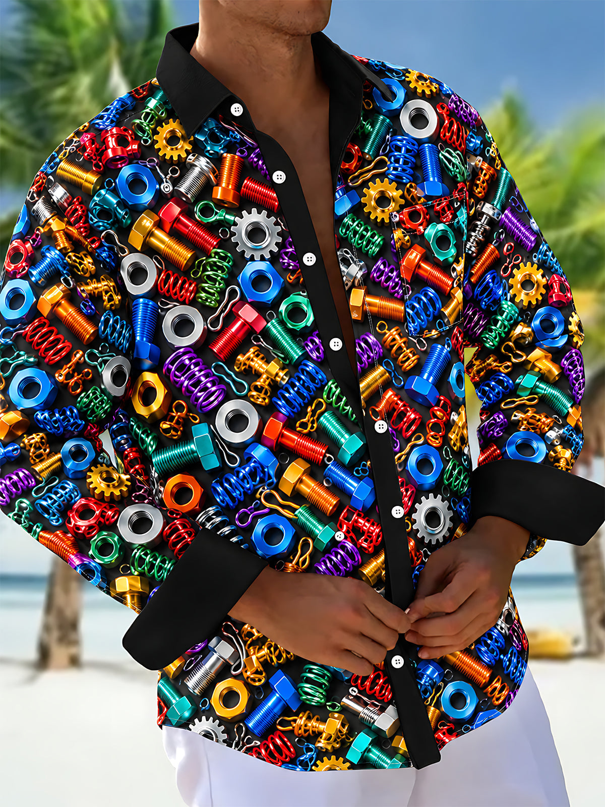 Oceanlyte Men's Colorful Hardware Screws And Nuts Print Long Sleeve Shirt with Chest Pocket