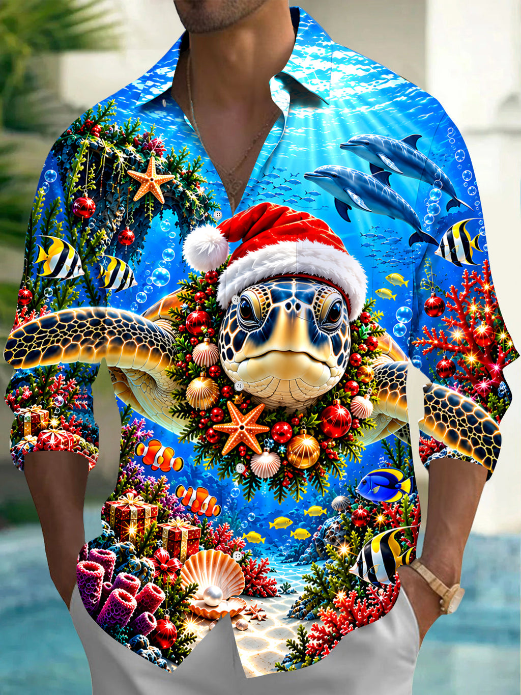 Oceanlyte Men's Long Sleeve Shirt - Sea Turtle Wearing Santa Hat And Christmas Wreath Print with Chest Pocket