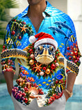 Oceanlyte Men's Long Sleeve Shirt - Sea Turtle Wearing Santa Hat And Christmas Wreath Print with Chest Pocket