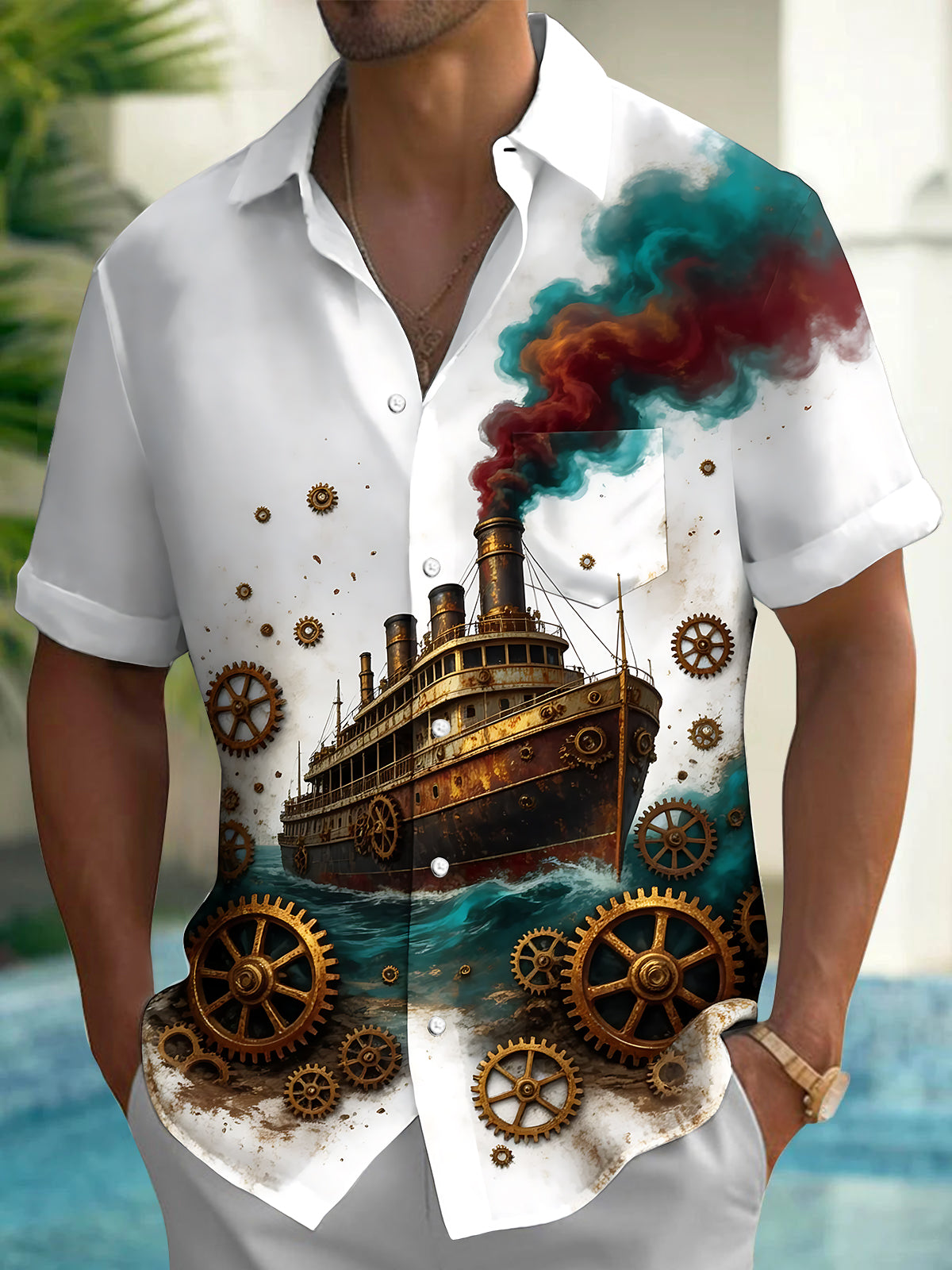 Oceanlyte Men's Vintage Steamship And Gears Print Short Sleeve Shirt with Chest Pocket