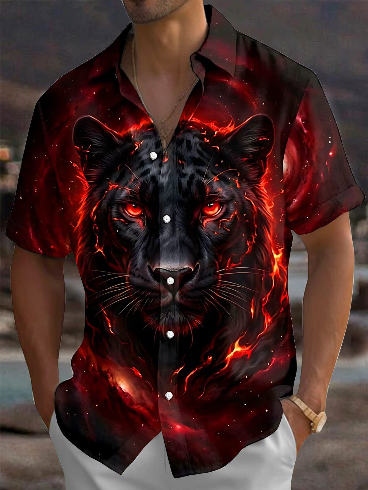 Oceanlyte Men's Black Panther With Lava And Fire Print Short Sleeve Shirt with Chest Pocket