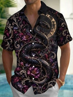 Oceanlyte Men's Dark Snake And Purple Flowers With Moon Print Short Sleeve Shirt with Chest Pocket