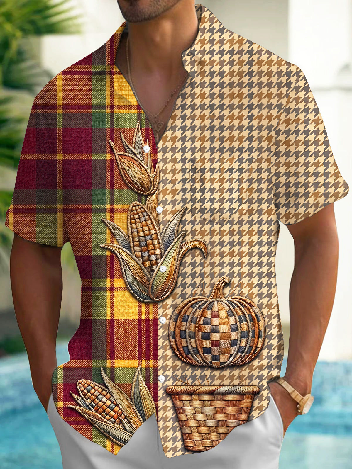 Oceanlyte Men's Autumn Autumn Harvest Corn And Pumpkin Print Short Sleeve Shirt with Chest Pocket
