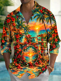 Oceanlyte Men's Hawaiian Drum Set And Tropical Sunset Print Long Sleeve Shirt with Chest Pocket