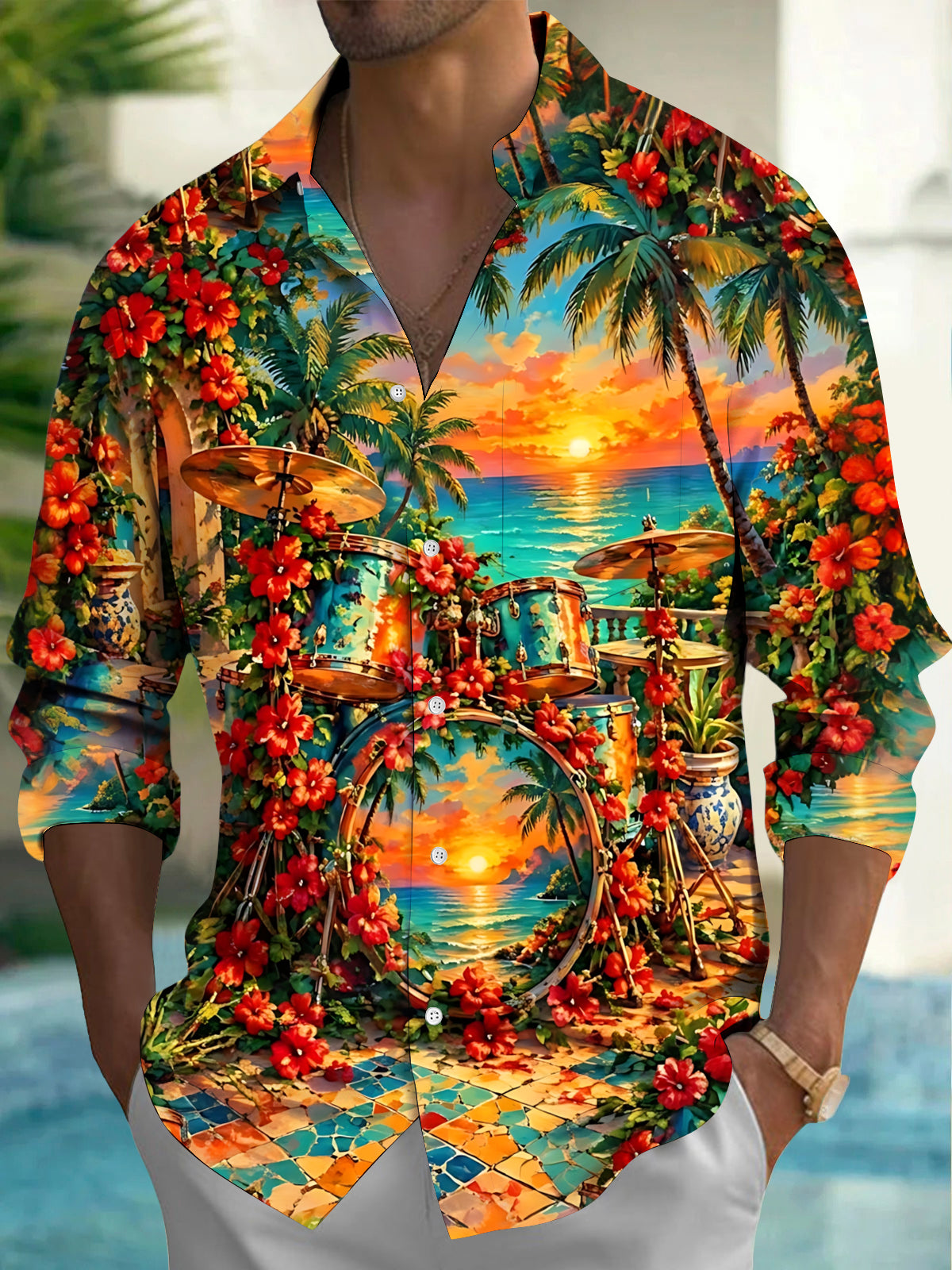 Oceanlyte Men's Hawaiian Drum Set And Tropical Sunset Print Long Sleeve Shirt with Chest Pocket