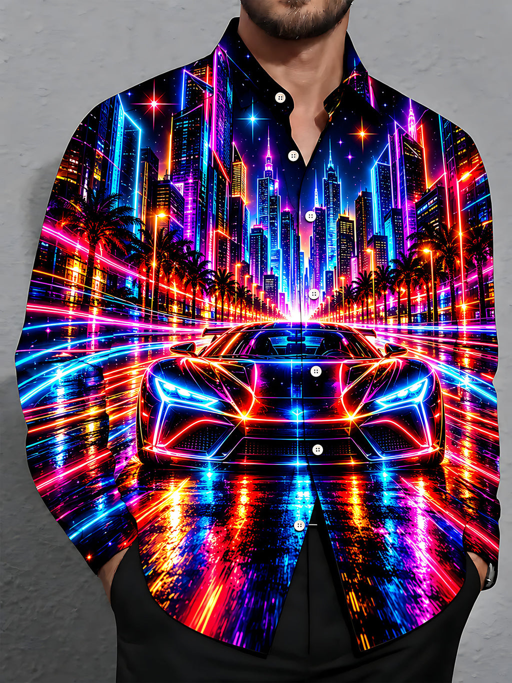 Oceanlyte Men's Graphic Neon Sports Car And City Skyline Print Long Sleeve Shirt with Chest Pocket