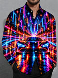 Oceanlyte Men's Graphic Neon Sports Car And City Skyline Print Long Sleeve Shirt with Chest Pocket