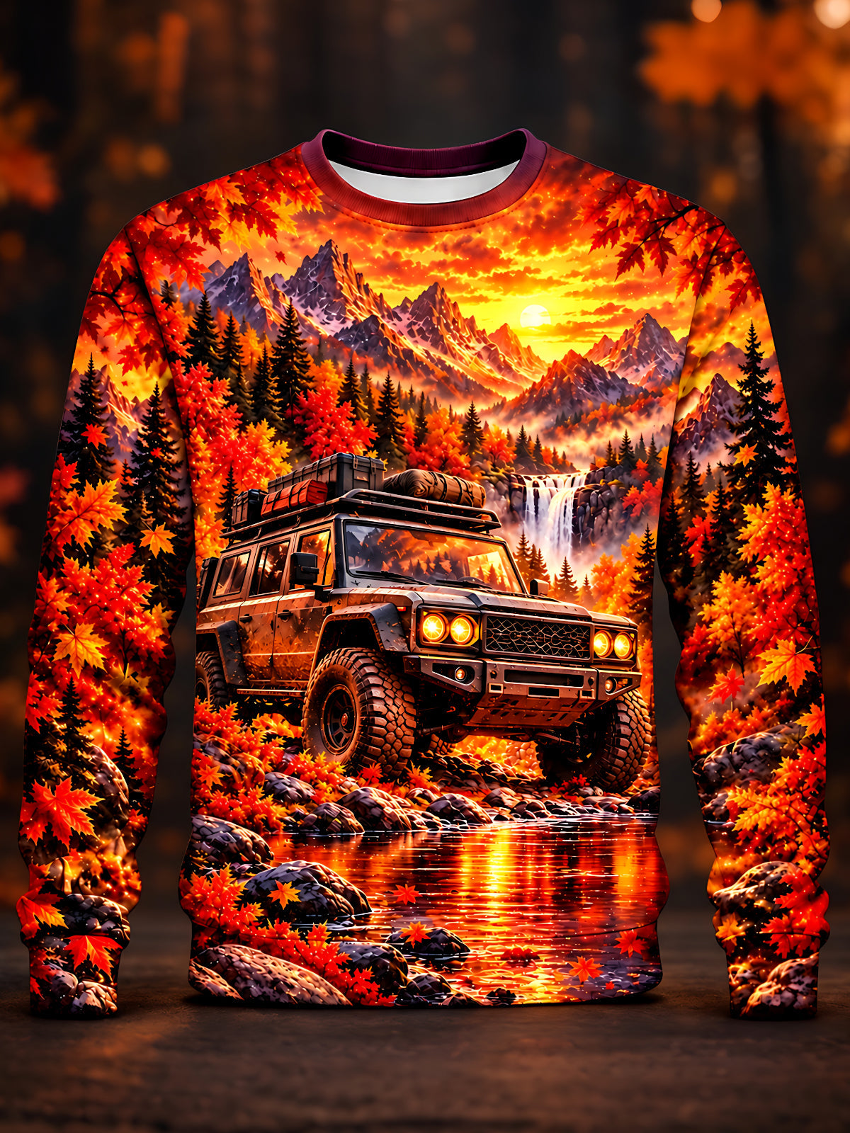 Oceanlyte Men's Long Sleeve Sweatshirt - Off-road Vehicle In Autumn Forest Landscape Print
