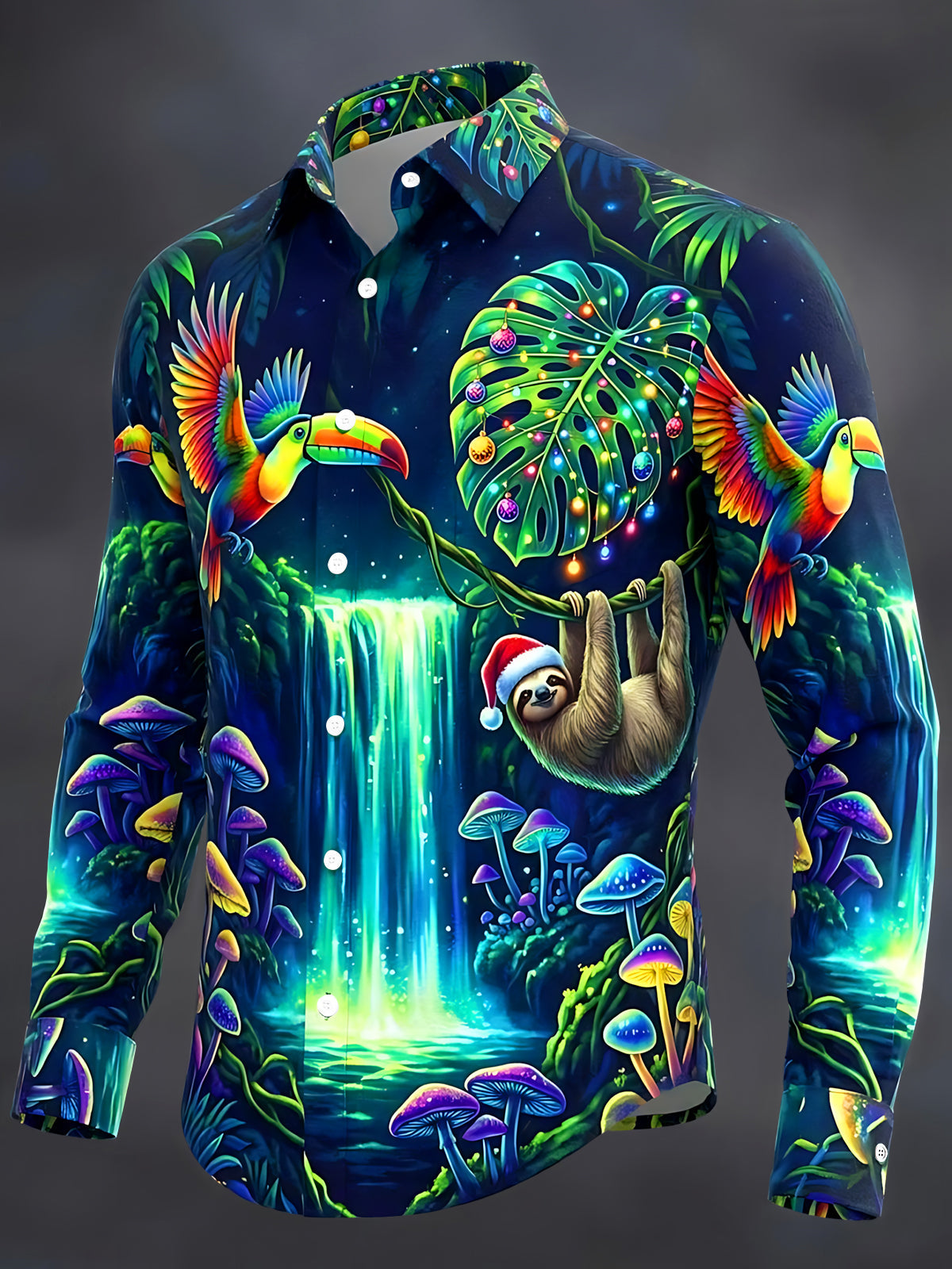 Oceanlyte Men's Graphic Christmas Sloth And Toucans Print Long Sleeve Shirt with Chest Pocket