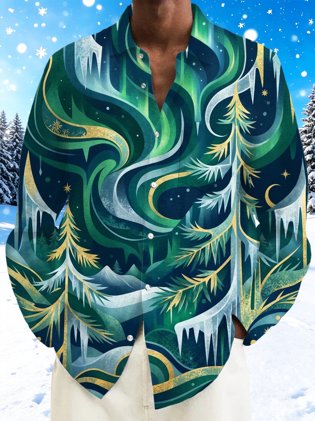 Oceanlyte Men's Long Sleeve Shirt - Aurora Borealis And Pine Trees With Icicles Print with Chest Pocket