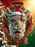 Oceanlyte Men's Graphic Christmas Reindeer Print Long Sleeve Hoodie with Chest Pocket