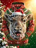 Oceanlyte Men's Graphic Christmas Reindeer Print Long Sleeve Hoodie with Chest Pocket