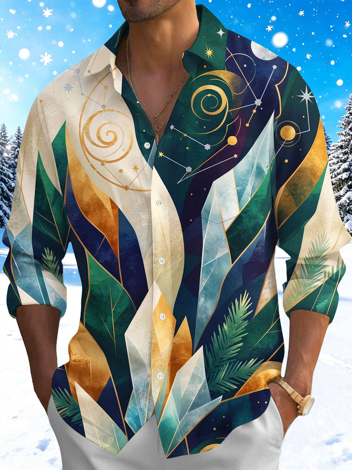 Oceanlyte Men's Printed Geometric Crystal And Starry Sky Print Long Sleeve Shirt with Chest Pocket