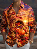 Oceanlyte Men's Long Sleeve Shirt - Thanksgiving Cornucopia With Pumpkins Grapes Apples Wheat And Autumn Leaves Print with Chest Pocket
