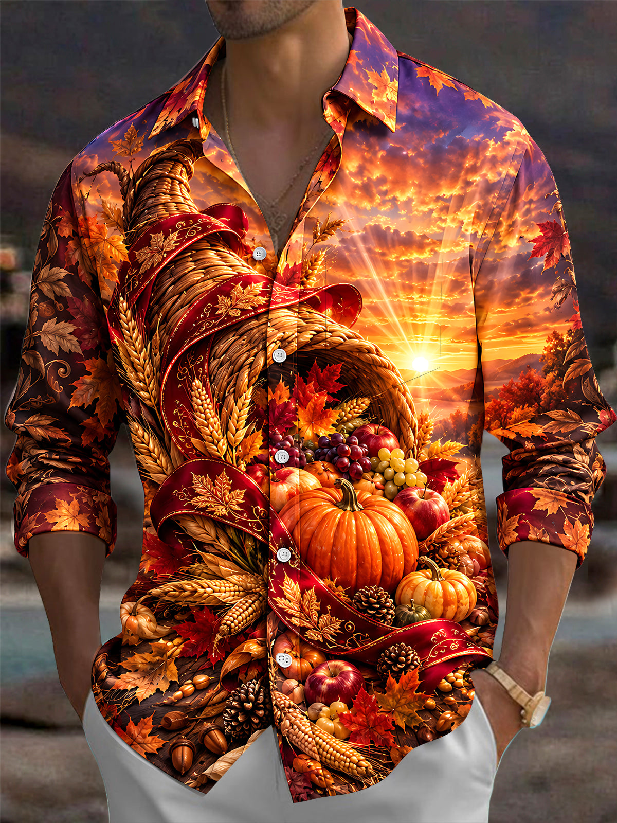 Oceanlyte Men's Long Sleeve Shirt - Thanksgiving Cornucopia With Pumpkins Grapes Apples Wheat And Autumn Leaves Print with Chest Pocket