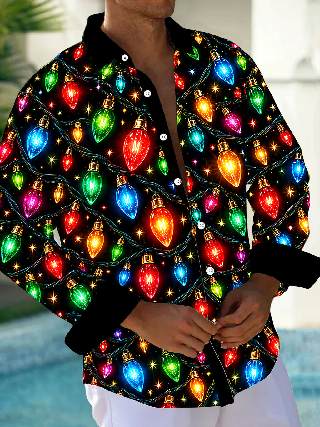 Oceanlyte Men's Printed Christmas Lights Print Long Sleeve Shirt with Chest Pocket