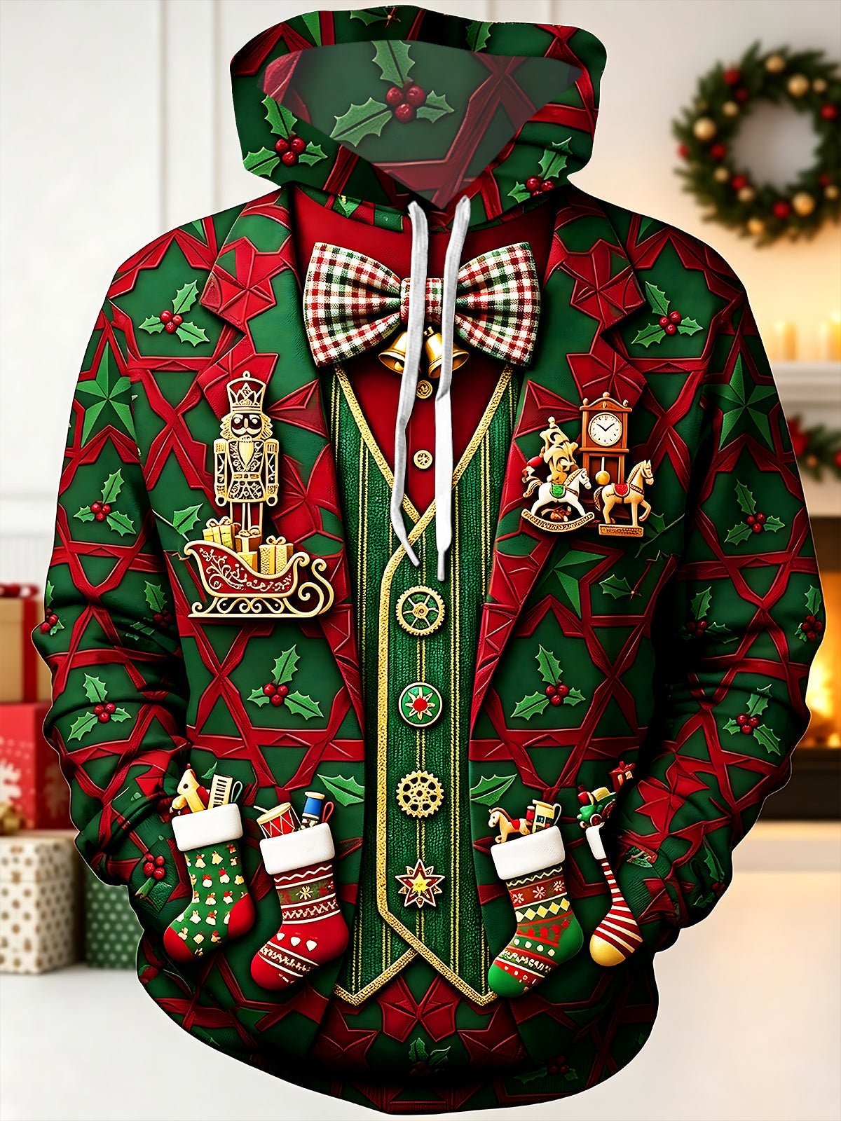 Oceanlyte Men's Printed Christmas Nutcracker And Sleigh Print Long Sleeve Hoodie