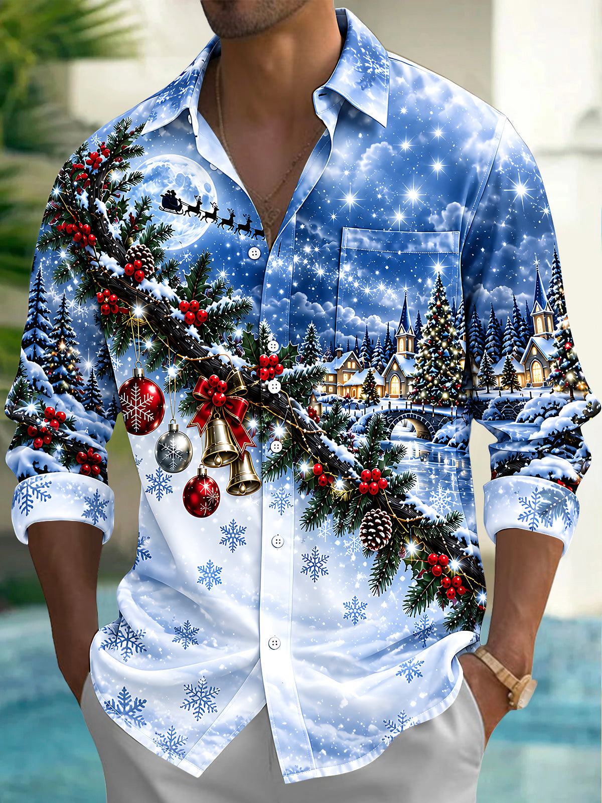 Oceanlyte Men's Long Sleeve Shirt - Christmas Village Scene With Snowy Trees And Church Print with Chest Pocket