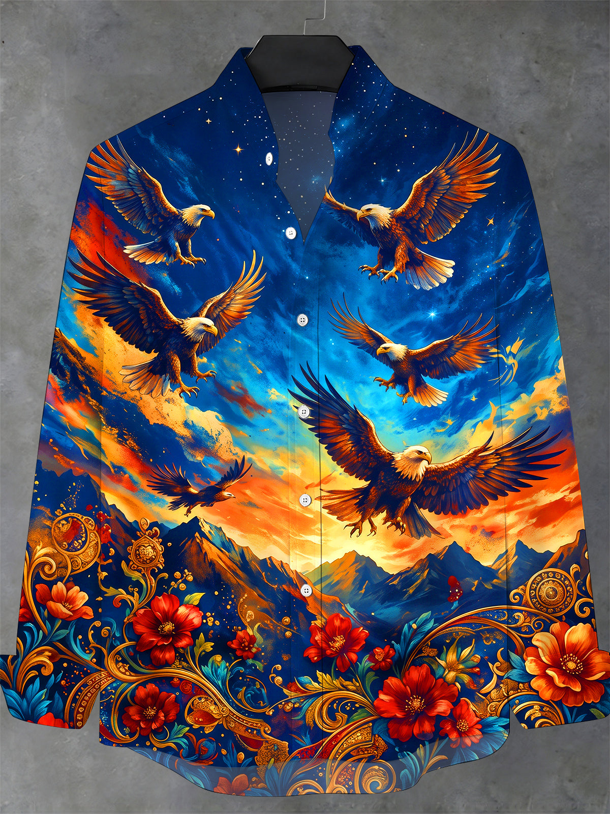 Oceanlyte Men's Bald Eagles In Starry Sky Print Long Sleeve Stand Collar Shirt