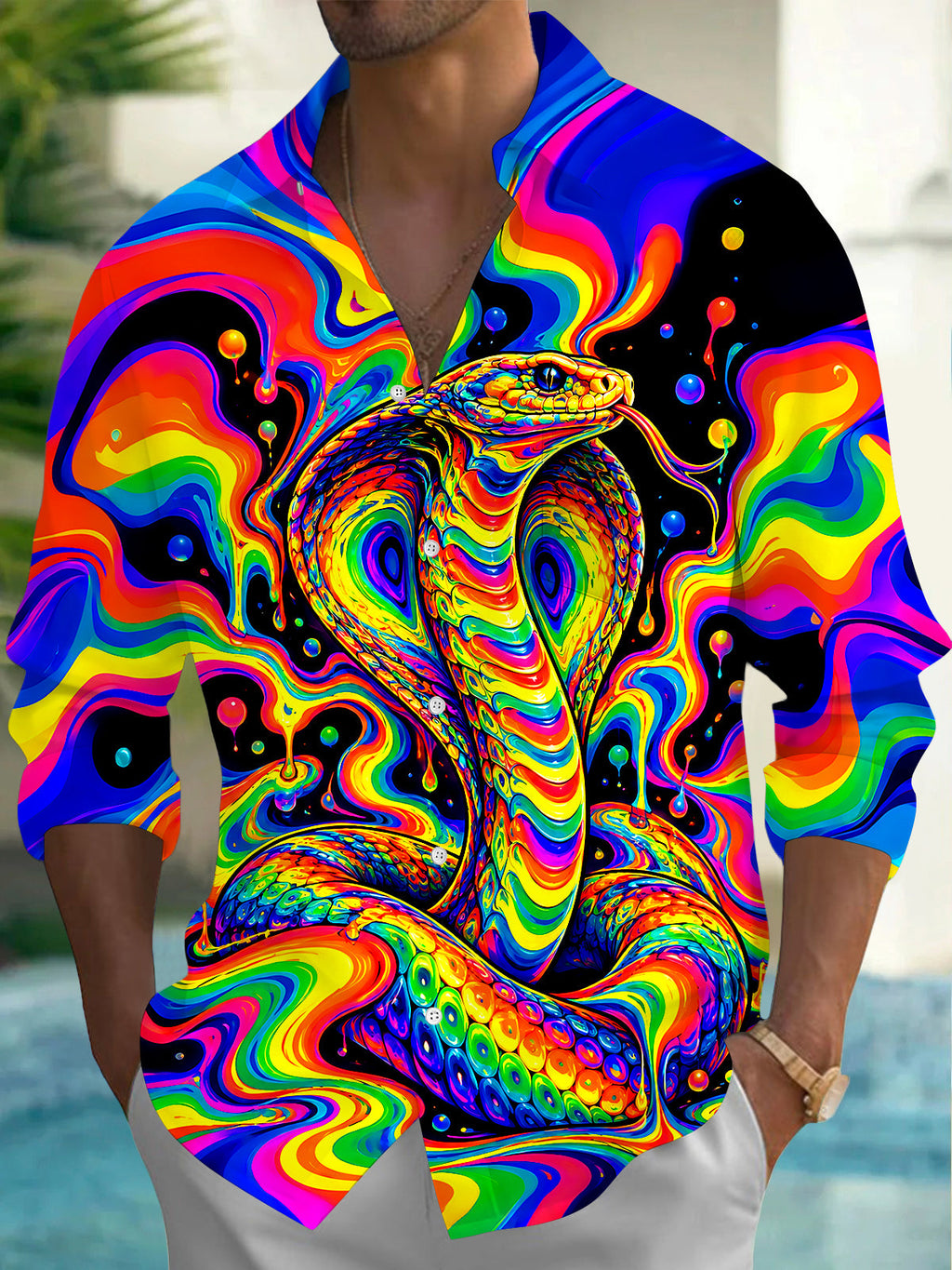 Oceanlyte Men's Printed Colorful Psychedelic Cobra Print Long Sleeve Shirt with Chest Pocket