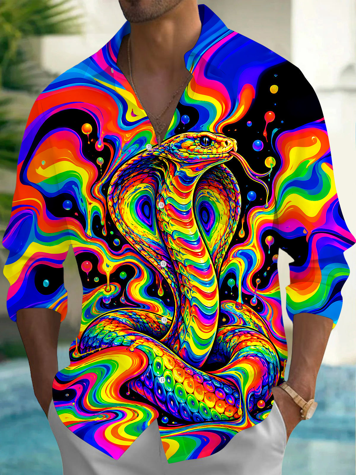 Oceanlyte Men's Printed Colorful Psychedelic Cobra Print Long Sleeve Shirt with Chest Pocket