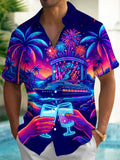 Oceanlyte Men's Hawaiian Neon Palm Trees And Fireworks Print Short Sleeve Shirt with Chest Pocket