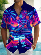 Oceanlyte Men's Hawaiian Neon Palm Trees And Fireworks Print Short Sleeve Shirt with Chest Pocket