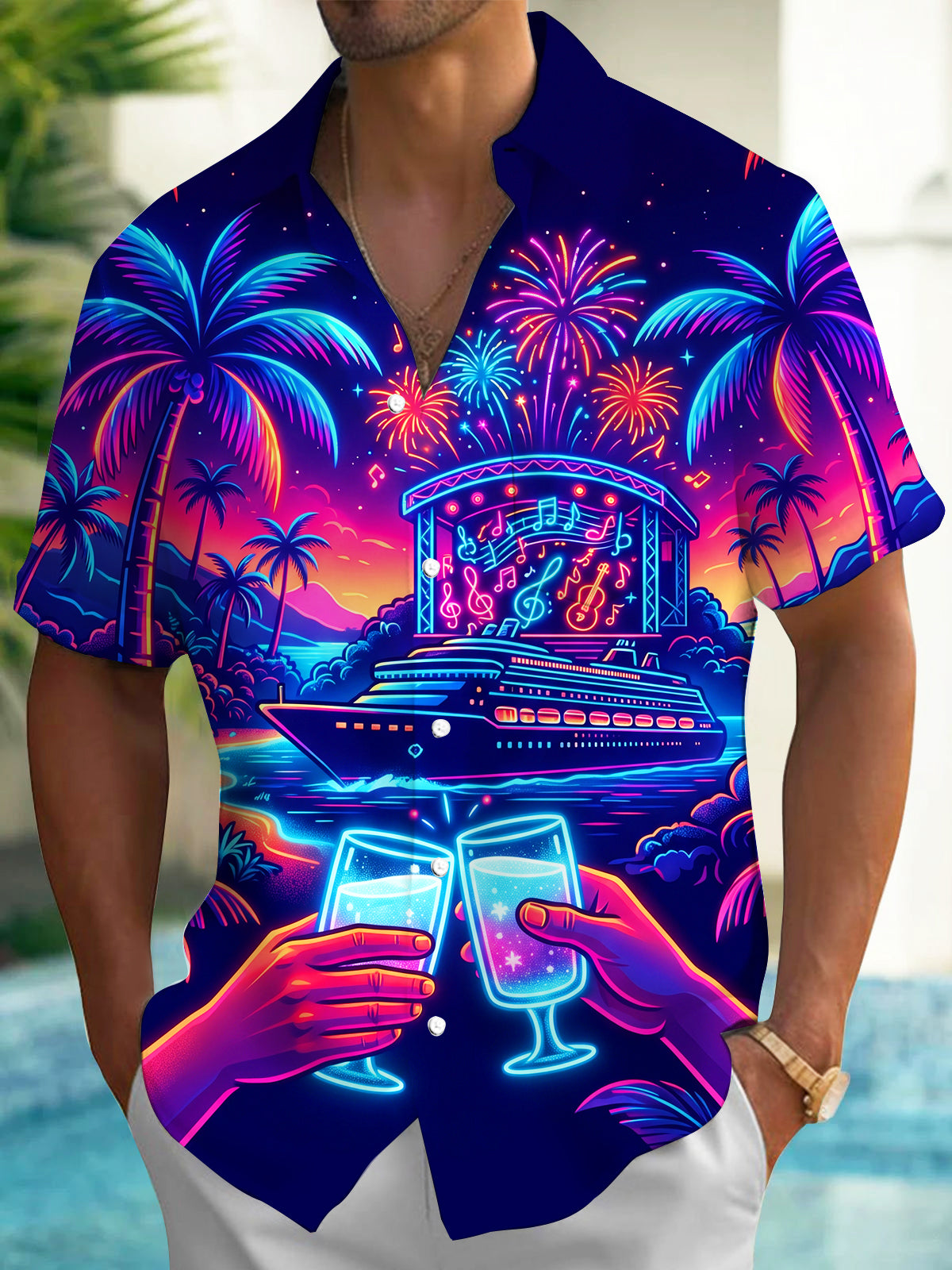 Oceanlyte Men's Hawaiian Neon Palm Trees And Fireworks Print Short Sleeve Shirt with Chest Pocket