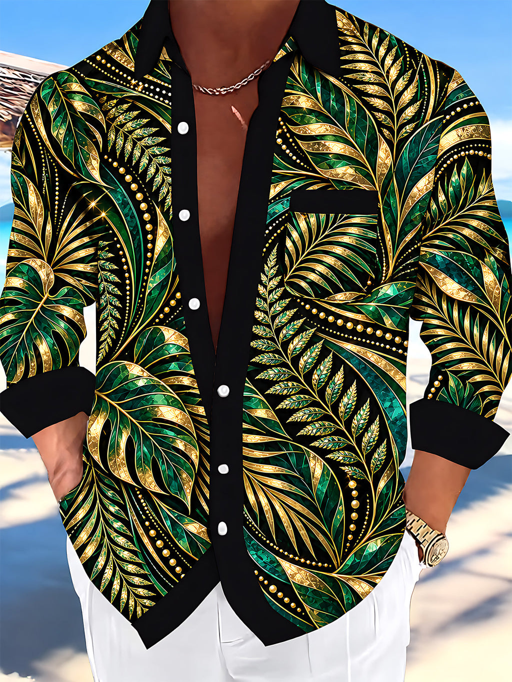 Oceanlyte Men's Gold And Green Palm Leaves And Ferns Print Long Sleeve Shirt with Chest Pocket