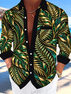 Oceanlyte Men's Gold And Green Palm Leaves And Ferns Print Long Sleeve Shirt with Chest Pocket