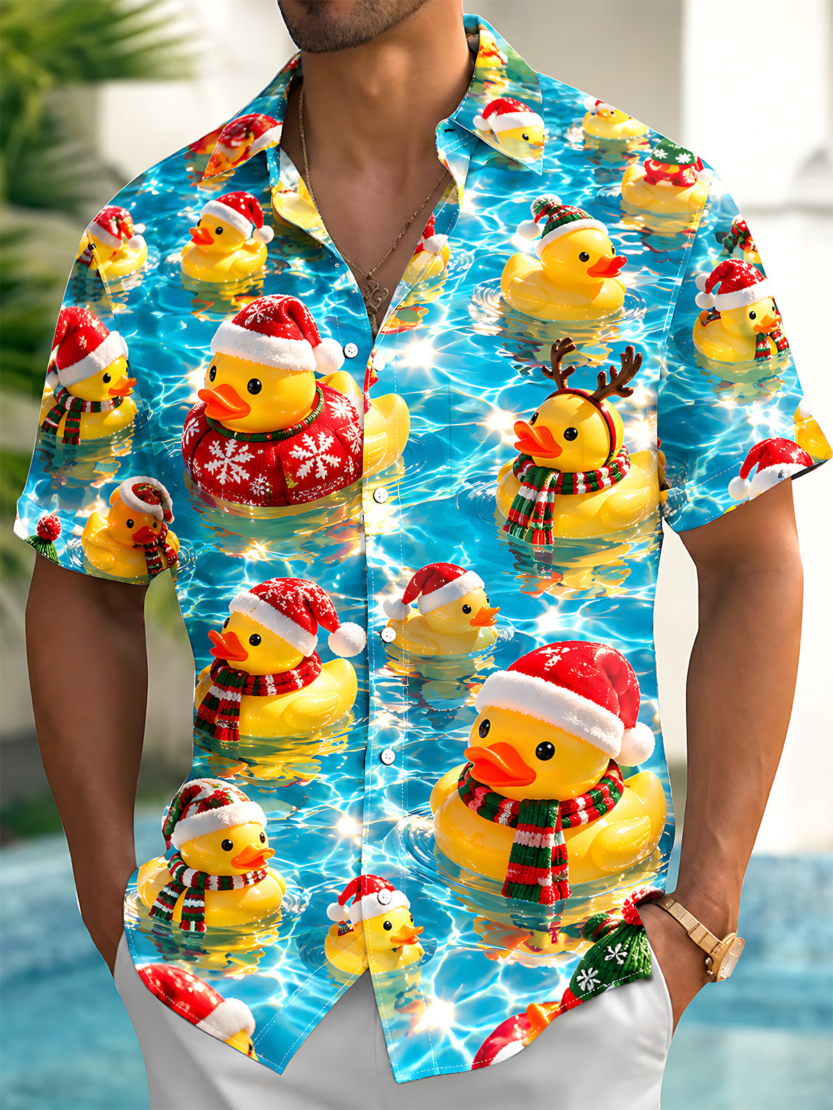 Oceanlyte Men's Christmas Rubber Ducks In Water Print Short Sleeve Shirt with Chest Pocket