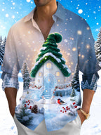 Oceanlyte Men's Long Sleeve Shirt - Winter Cabin With Snowy Christmas Tree Roof Print with Chest Pocket