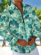 Oceanlyte Men's Hawaiian Ginkgo Leaf Pattern Long Sleeve Shirt with Chest Pocket