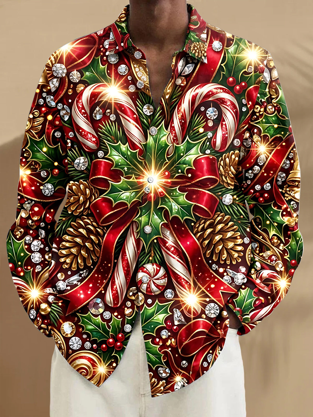 Oceanlyte Men's Christmas Candy Canes And Pine Cones Print Long Sleeve Shirt with Chest Pocket
