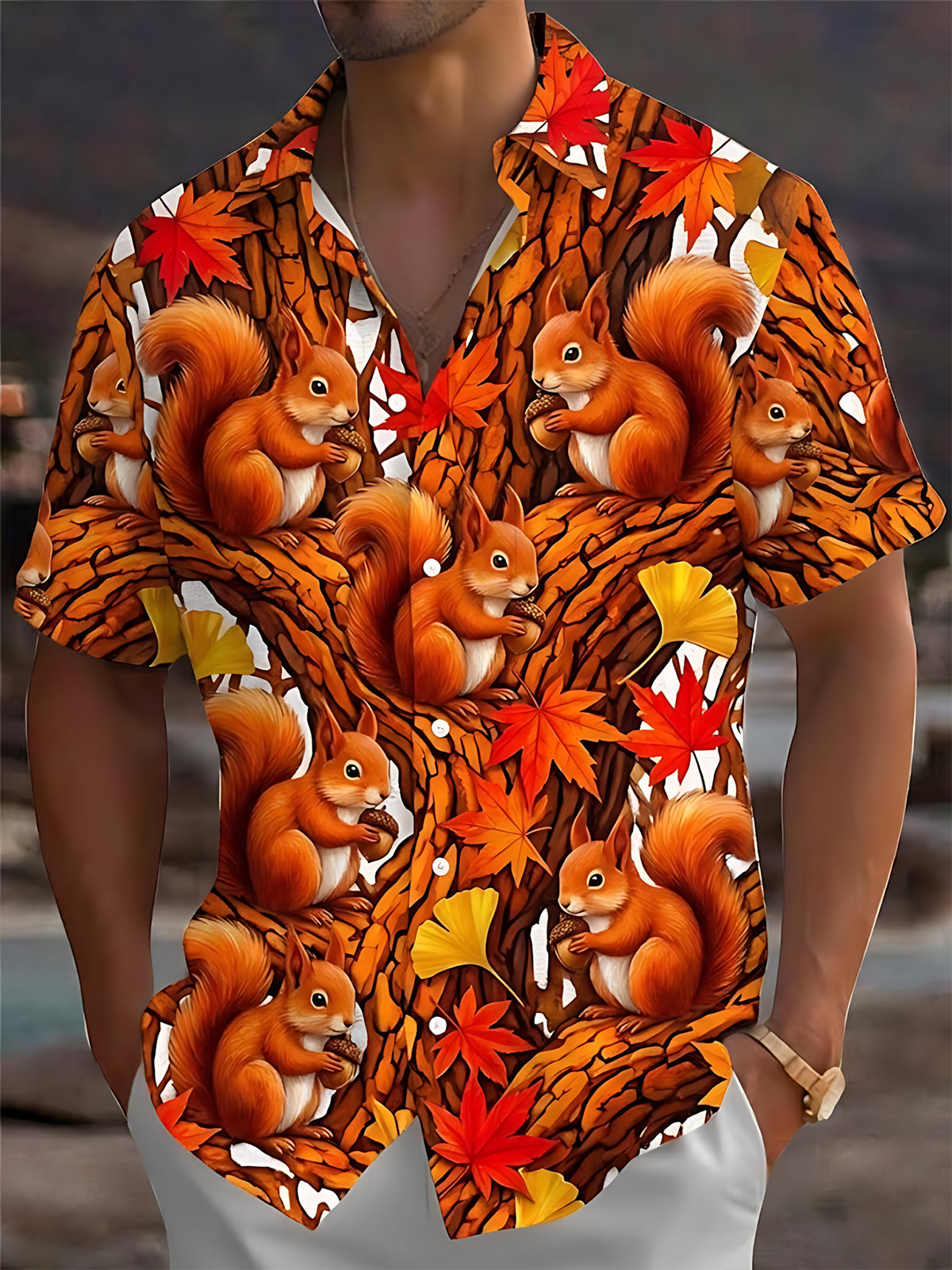 Oceanlyte Men's Hawaiian Autumn Squirrel Print Short Sleeve Shirt with Chest Pocket