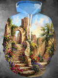 Oceanlyte Men's Long Sleeve Pullover Hoodie - Stone Ruins And Garden Landscape Print with Kangaroo Pocket