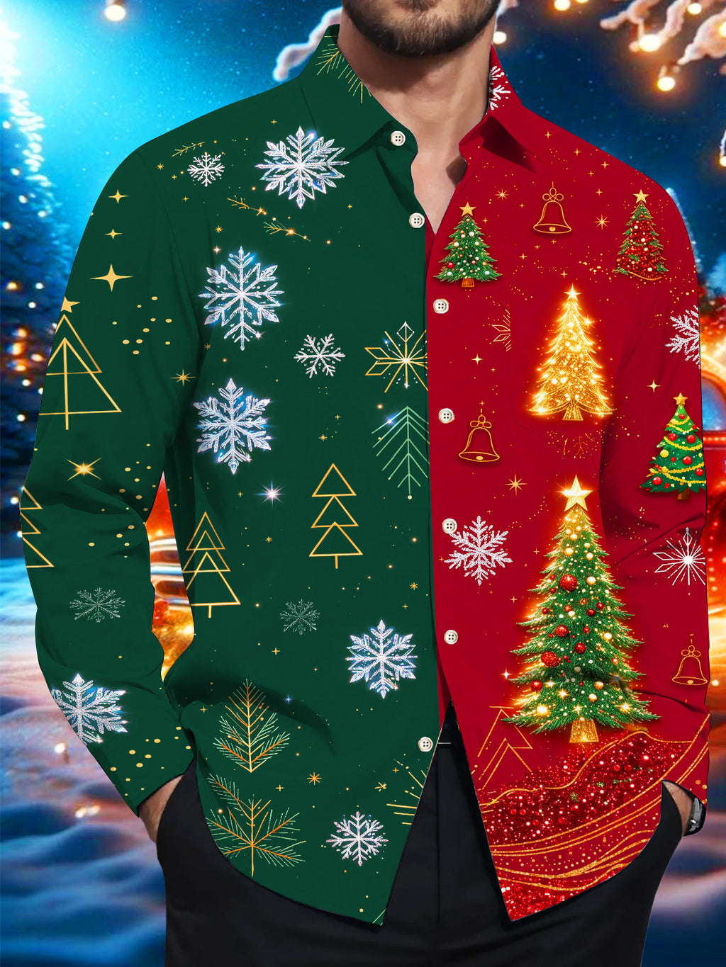Oceanlyte Men's Printed Christmas Trees And Snowflakes Print Long Sleeve Shirt with Chest Pocket
