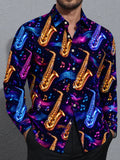 Oceanlyte Men's Retro Neon Saxophones And Musical Notes Print Long Sleeve Shirt with Chest Pocket