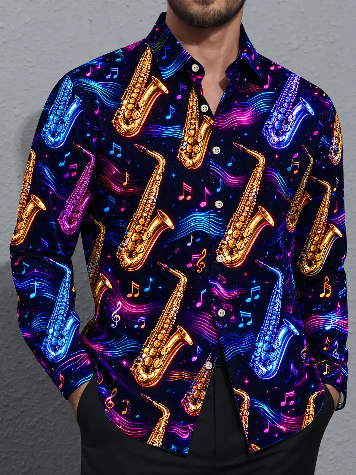 Oceanlyte Men's Retro Neon Saxophones And Musical Notes Print Long Sleeve Shirt with Chest Pocket